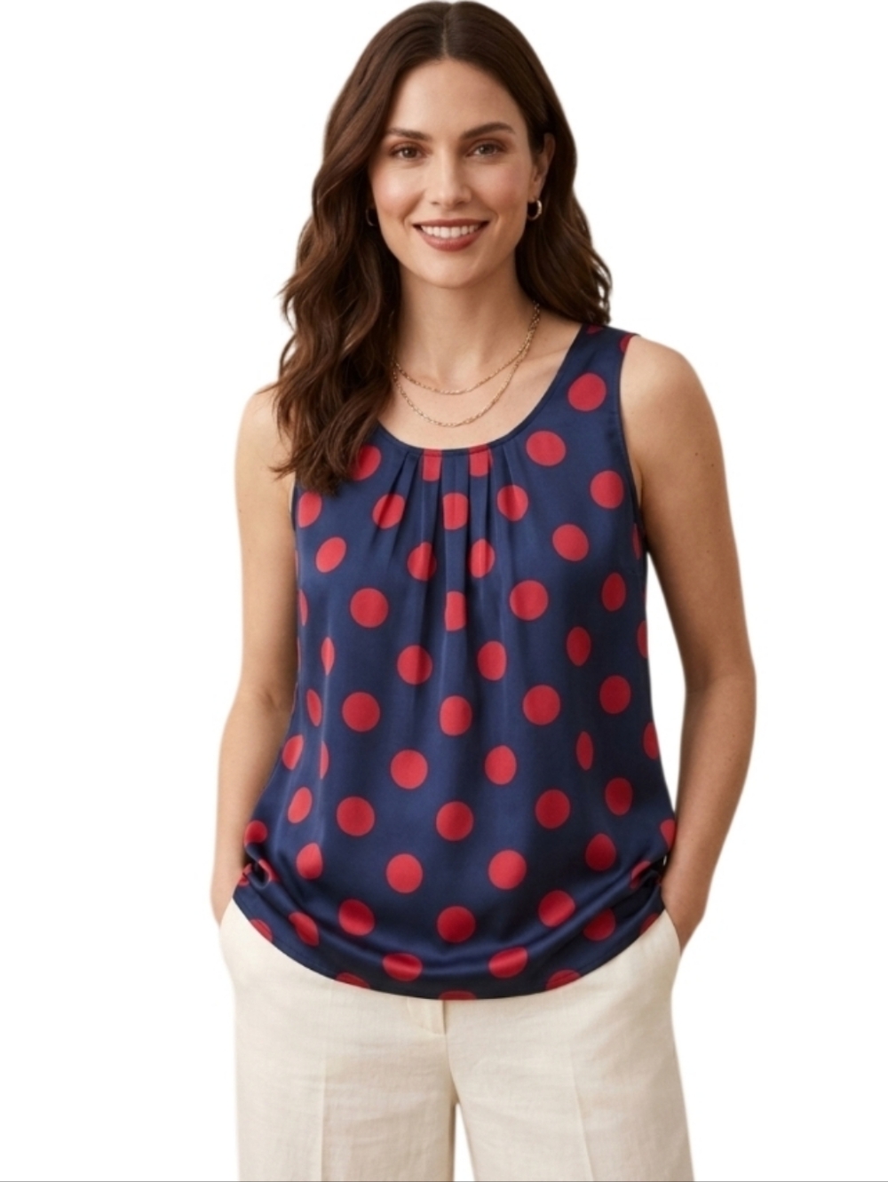 TALBOTS Navy Blue and Red Polka Dots Summer Casual Top Polyester LIKE NEW